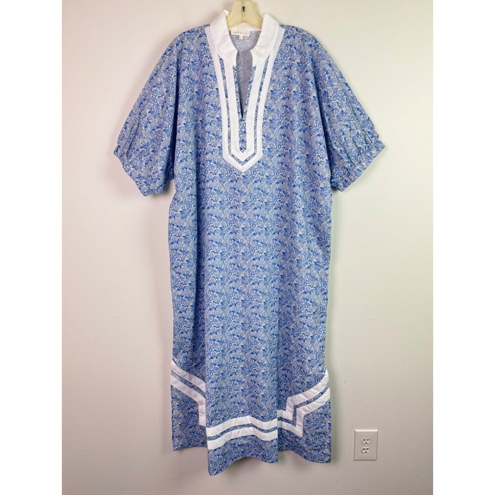 Entro Blue White Floral Maxi Caftan Dress Cotton Size 1X Coastal Resort Boho